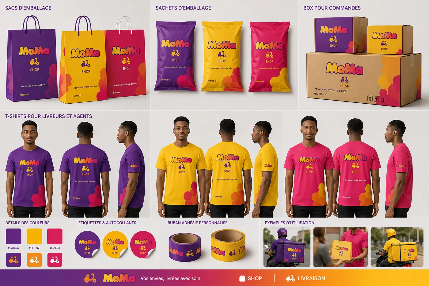 Charte graphique MoMa : sacs et sachets d’emballage, cartons, t-shirts des livreurs, étiquettes et ruban adhésif