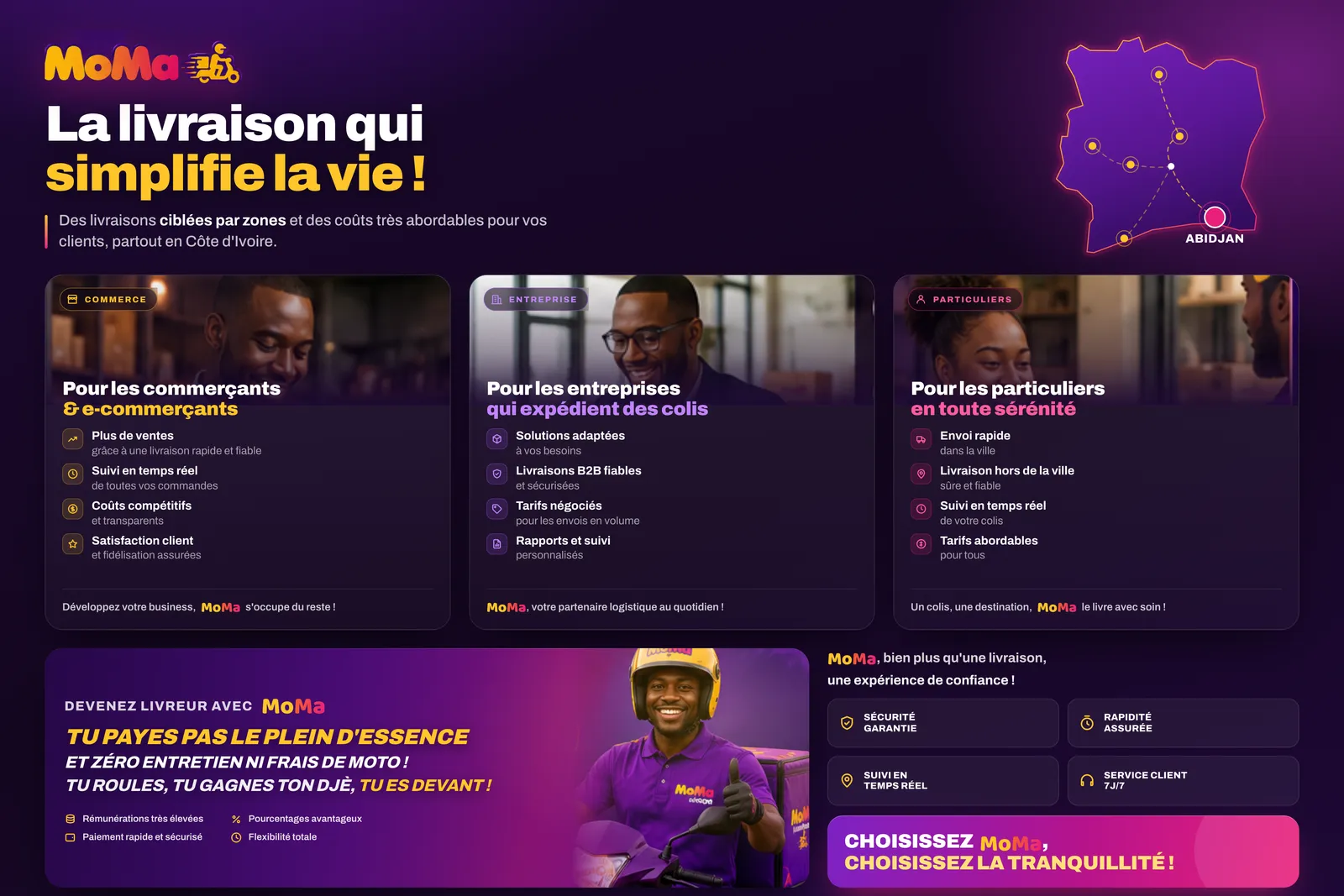 Affiche MoMa Livraison : offres pour les commerçants, les entreprises et les particuliers, avec la carte de Côte d’Ivoire