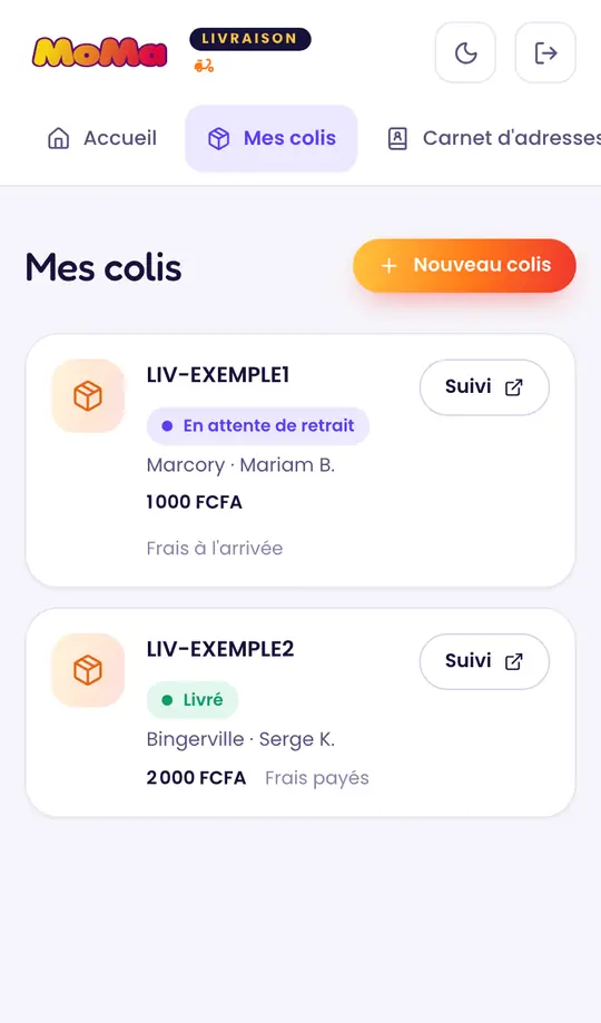 Liste des colis de l’expéditeur avec leur statut