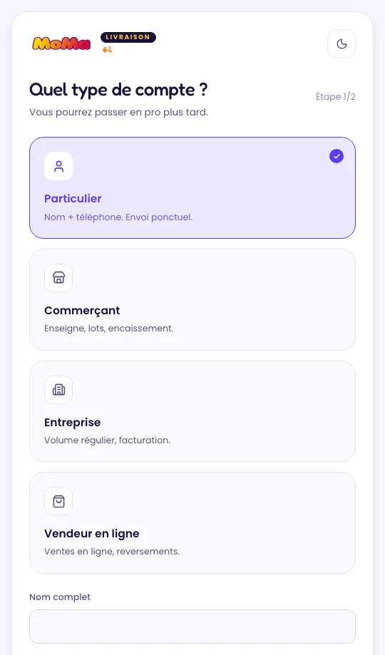 Choix du type de compte à l’inscription : particulier, commerçant, entreprise, vendeur en ligne